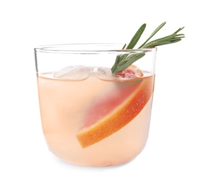 Glass of refreshing grapefruit cocktail with rosemary on white background