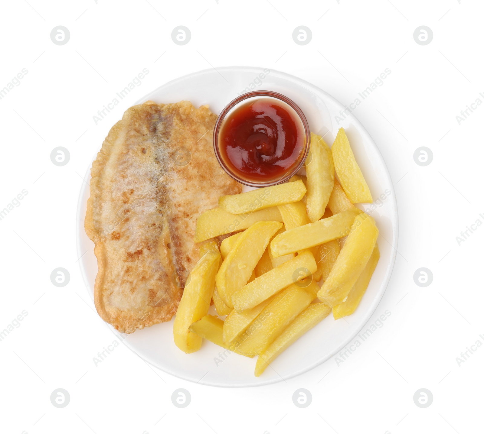 Photo of Delicious fish and chips with ketchup isolated on white, top view