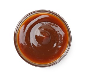 Tasty barbecue sauce in bowl isolated on white, top view