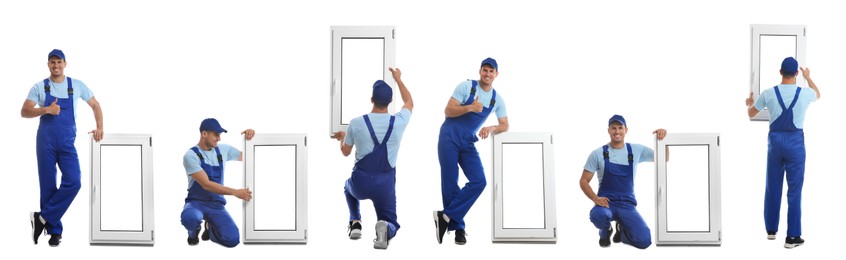 Workers with plastic window on white background, collage. Installation service