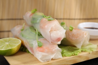 Delicious spring rolls, lime and lettuce on table, closeup