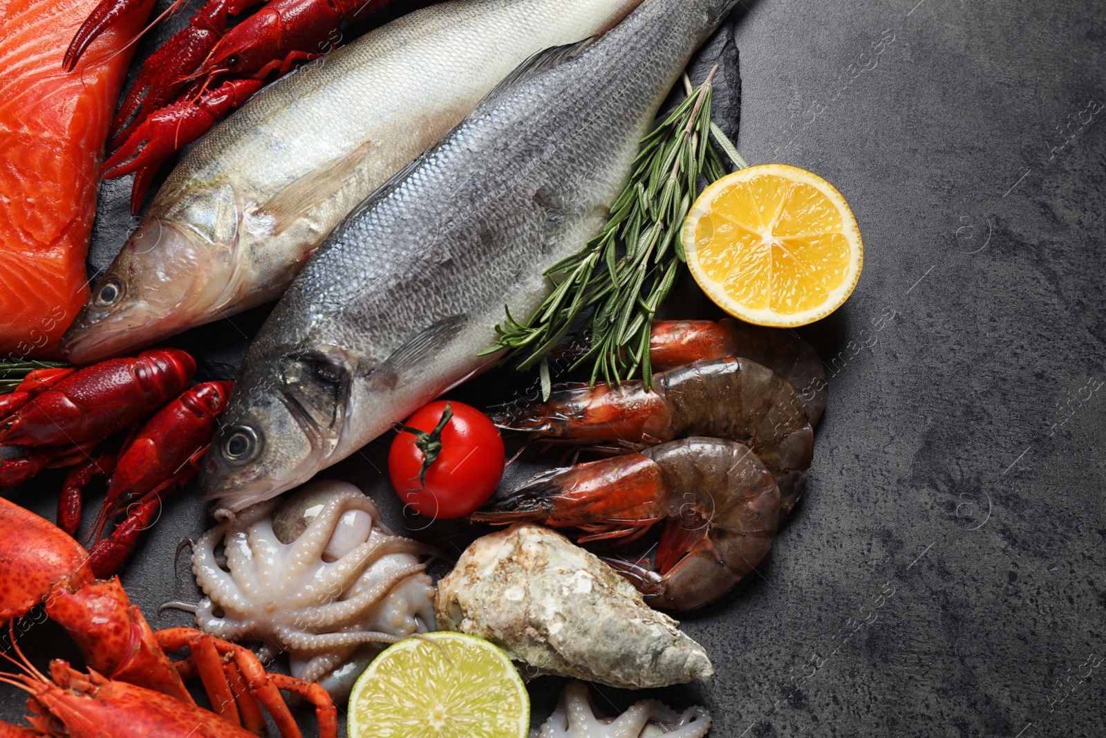 Photo of Fresh fish and seafood on grey table, flat lay