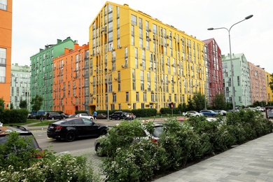 KYIV, UKRAINE - MAY 21, 2019: Modern housing estate COMFORT TOWN in Dniprovskyi district on sunny day