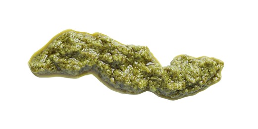 Photo of Sample of tasty pesto sauce isolated on white, top view