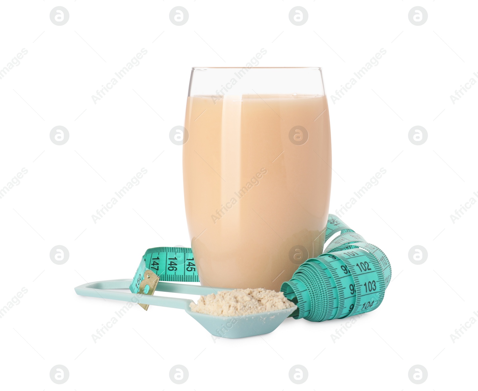Photo of Tasty shake, measuring tape and powder isolated on white. Weight loss