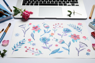 Photo of Composition with floral watercolor picture on white background