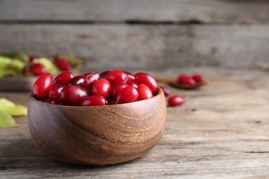 Photo of Fresh ripe dogwood berries in bowl on wooden table, space for text