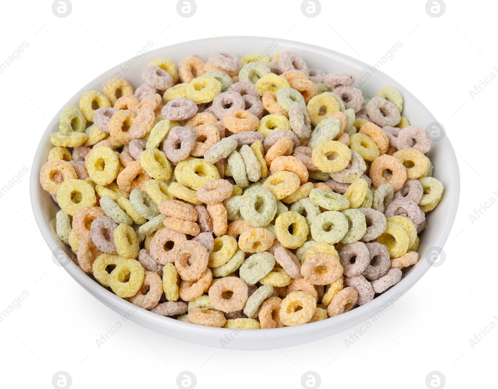 Photo of Tasty cereal rings in bowl isolated on white