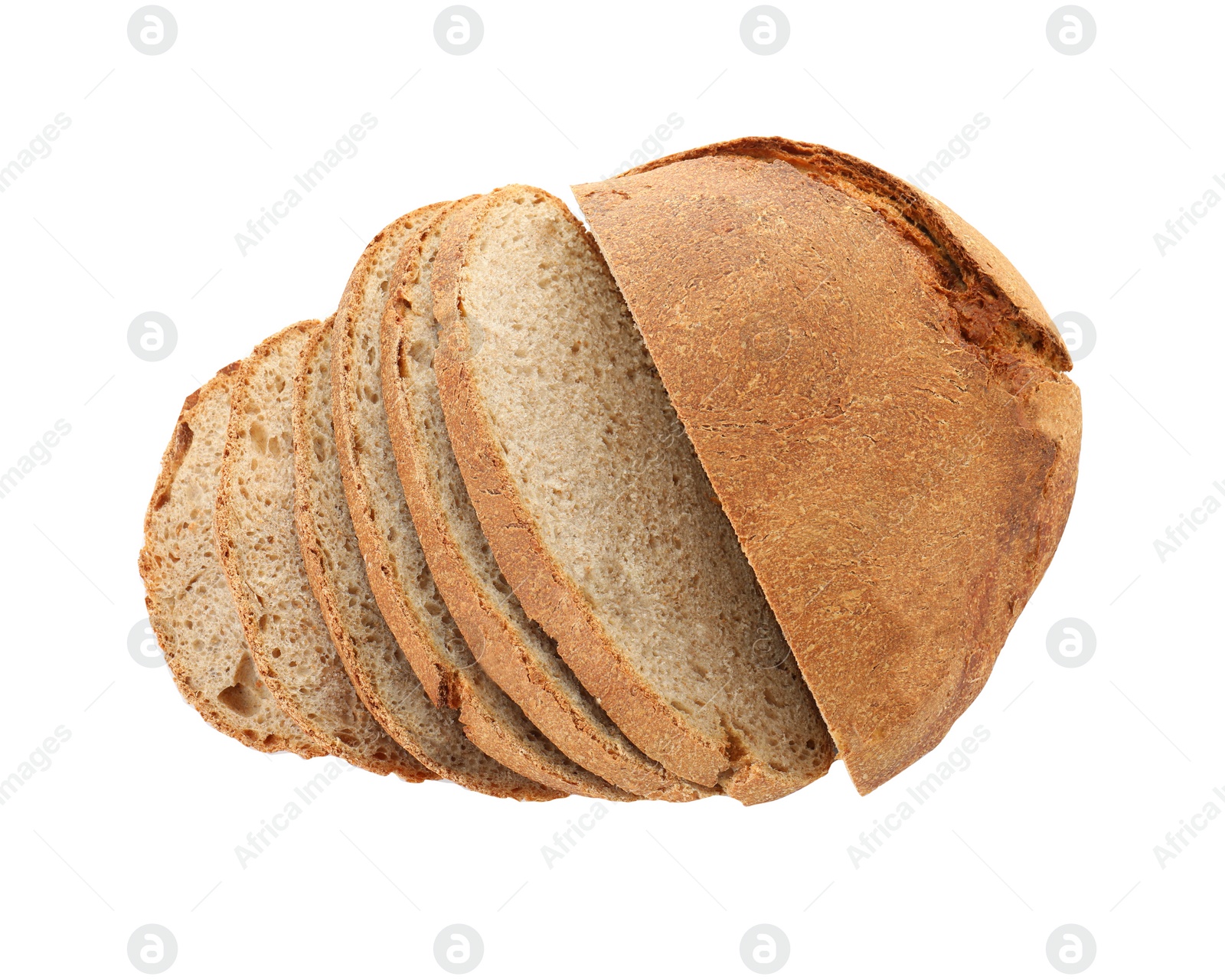 Photo of Freshly baked cut sourdough bread isolated on white, top view