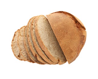 Photo of Freshly baked cut sourdough bread isolated on white, top view