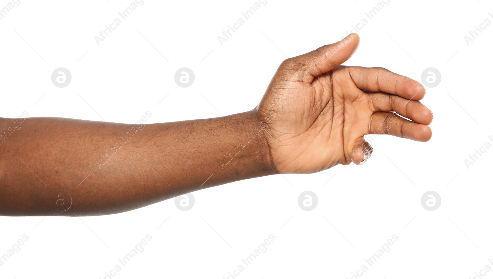 Photo of African-American man showing hand gesture on white background, closeup