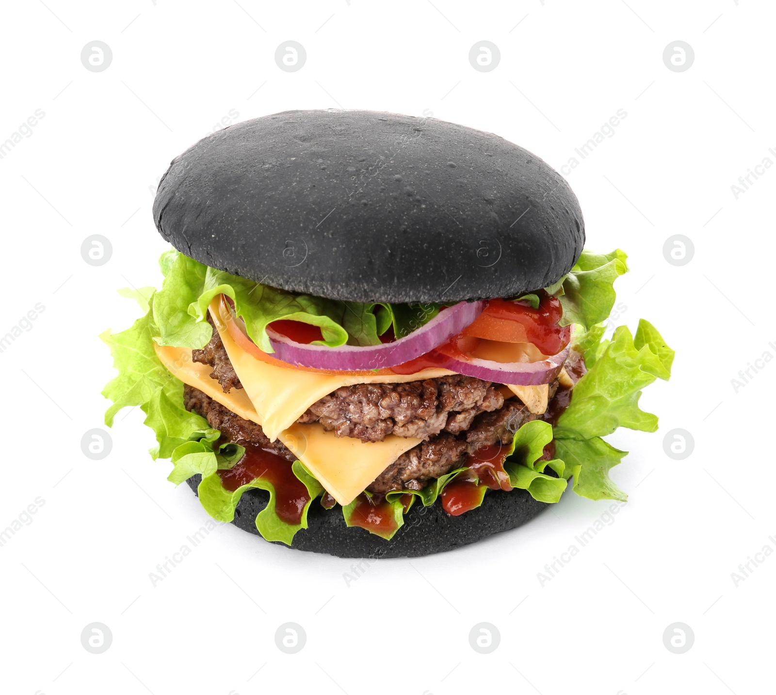 Photo of Tasty unusual black burger isolated on white