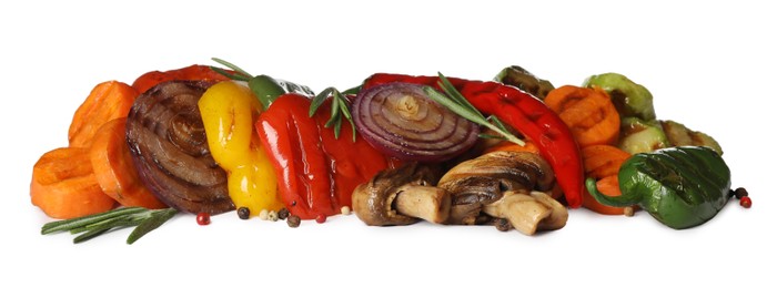 Photo of Different delicious grilled vegetables on white background. Banner design