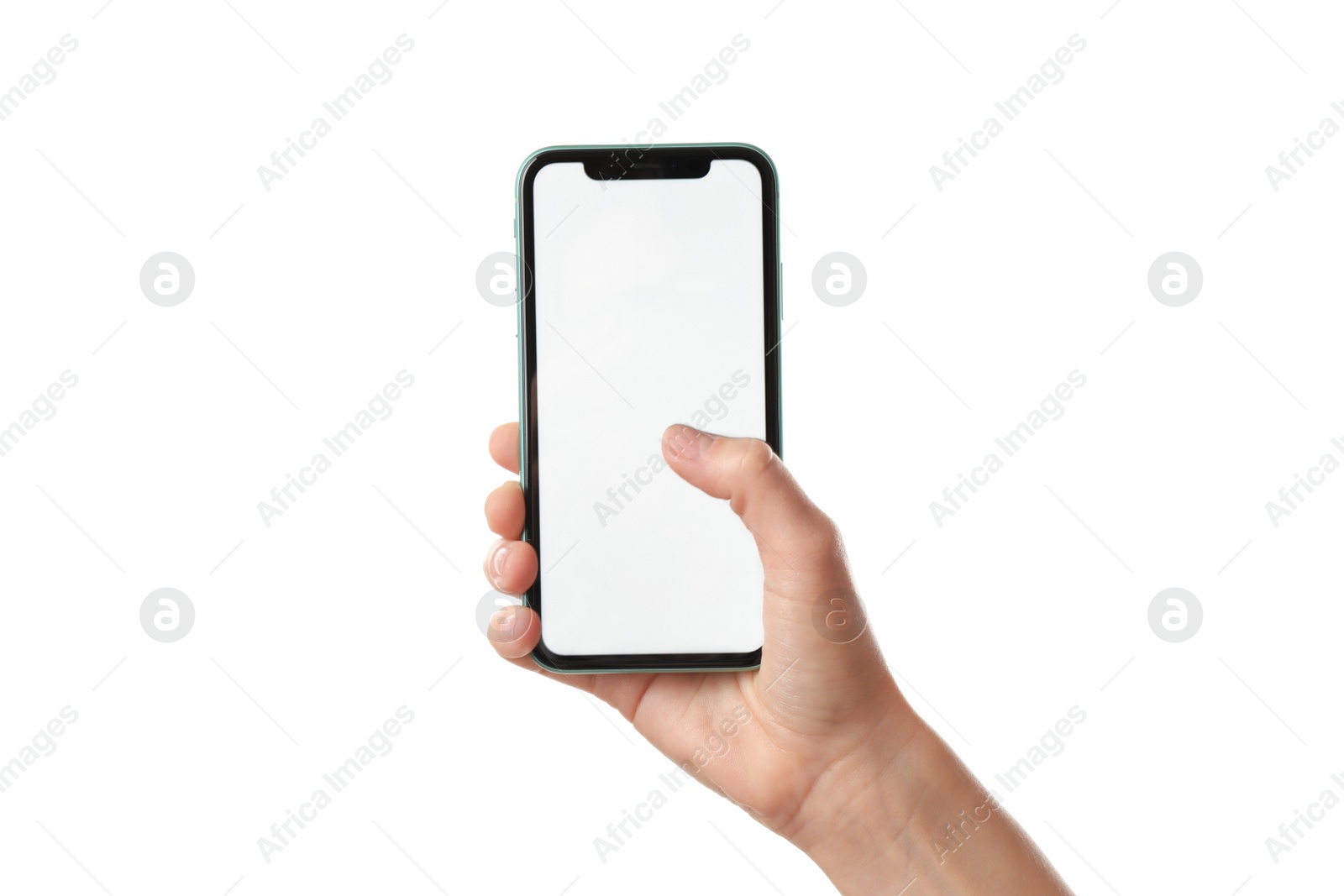 Photo of MYKOLAIV, UKRAINE - JULY 07, 2020: Woman holding iPhone 11 on white background, closeup. Mockup for design