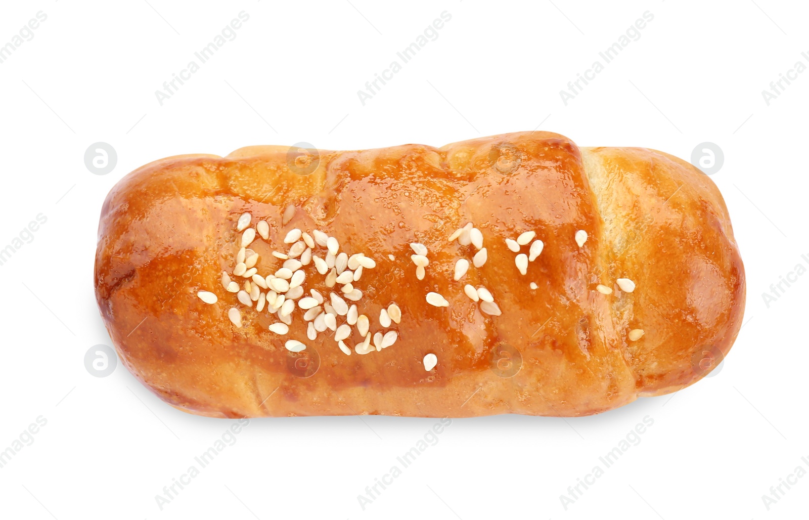 Photo of One delicious sausage roll isolated on white, top view