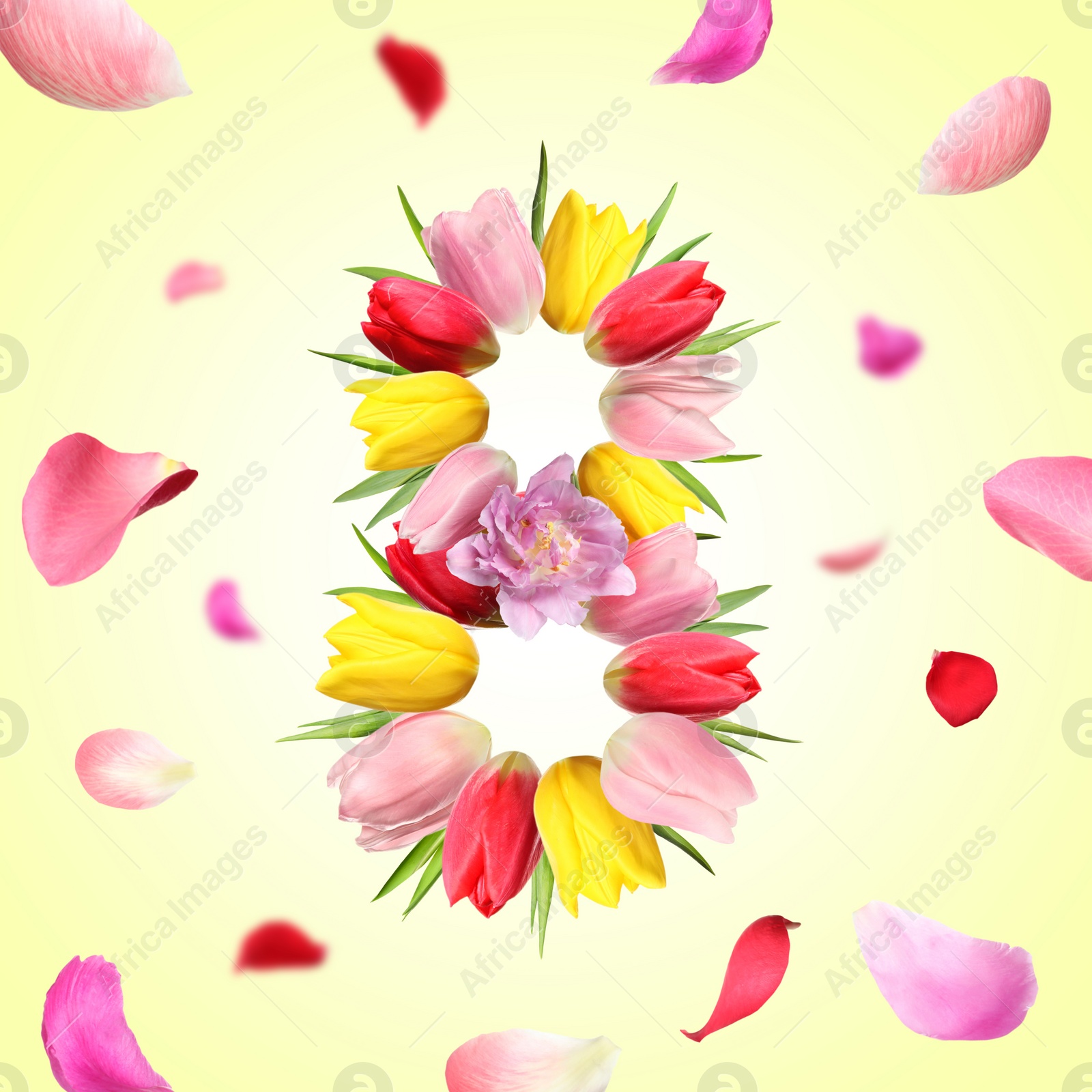 Image of International Women's Day - March 8. Card design with number 8 of bright flowers on light yellow background