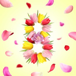 Image of International Women's Day - March 8. Card design with number 8 of bright flowers on light yellow background