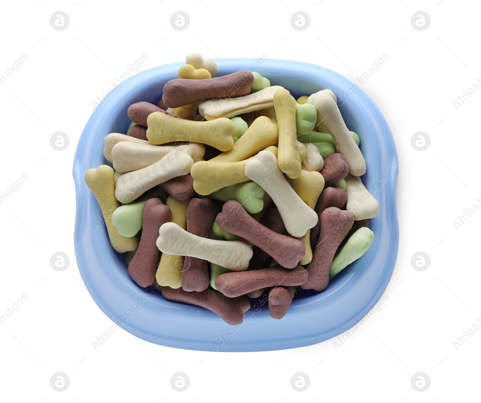 Photo of Different bone shaped dog cookies in feeding bowl isolated on white, top view