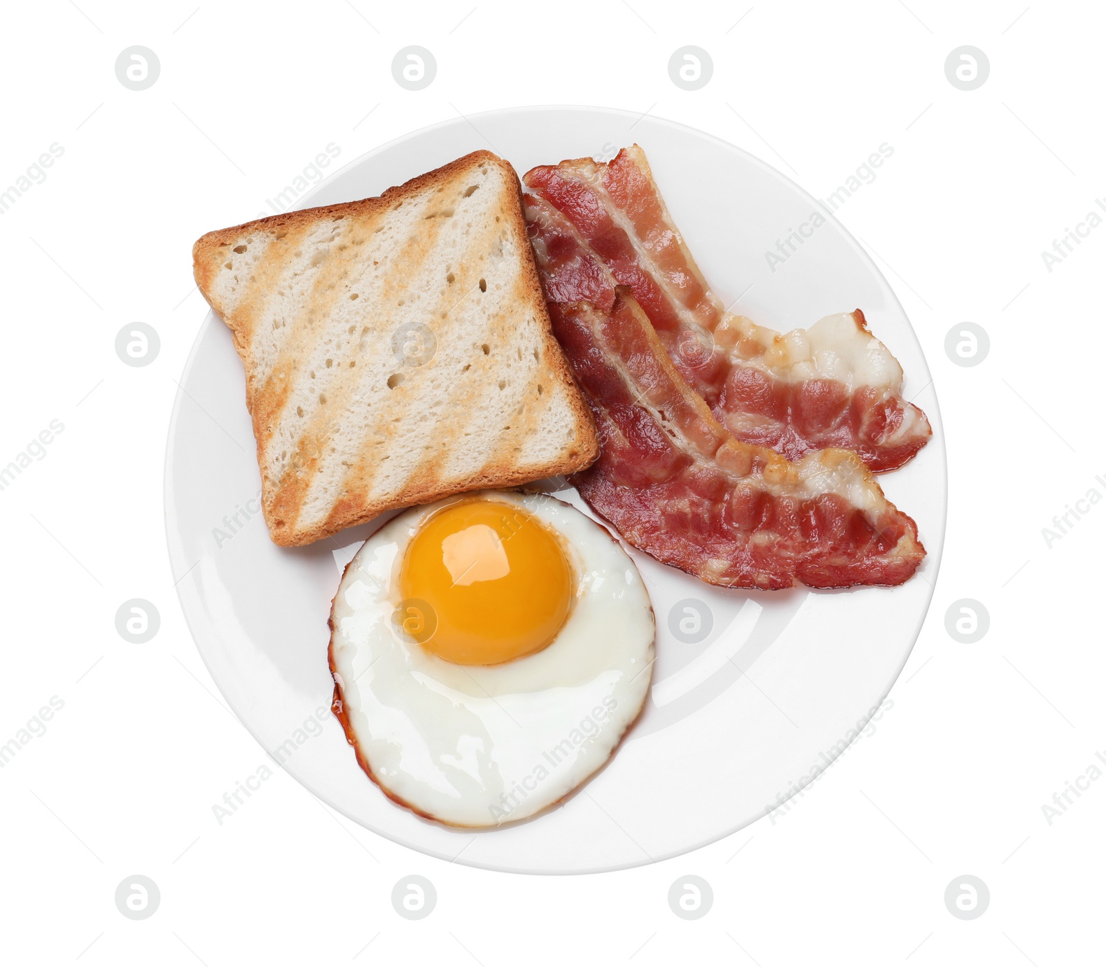 Photo of Plate with delicious fried egg, bacon and toast isolated on white, top view