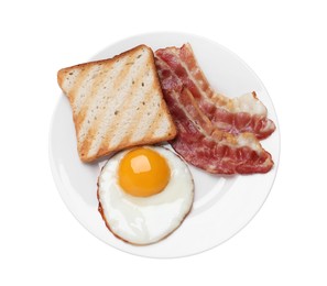 Photo of Plate with delicious fried egg, bacon and toast isolated on white, top view