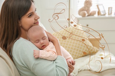 Image of Mother singing lullaby to her baby at home. Music notes illustrations flying near woman and child
