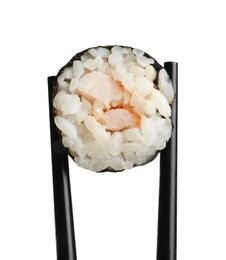 Photo of Chopsticks with tasty fresh sushi roll isolated on white