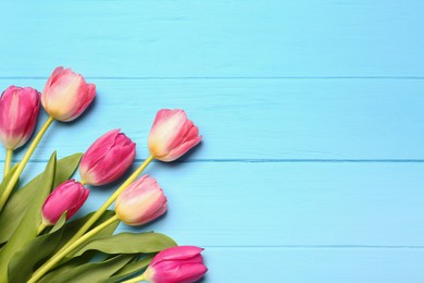 Photo of Beautiful colorful tulip flowers on light blue wooden table, flat lay. Space for text