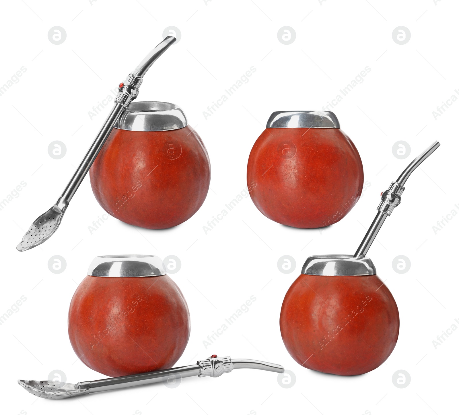 Image of Set with calabashes with mate tea and bombillas on white background