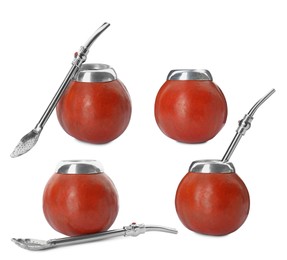 Image of Set with calabashes with mate tea and bombillas on white background