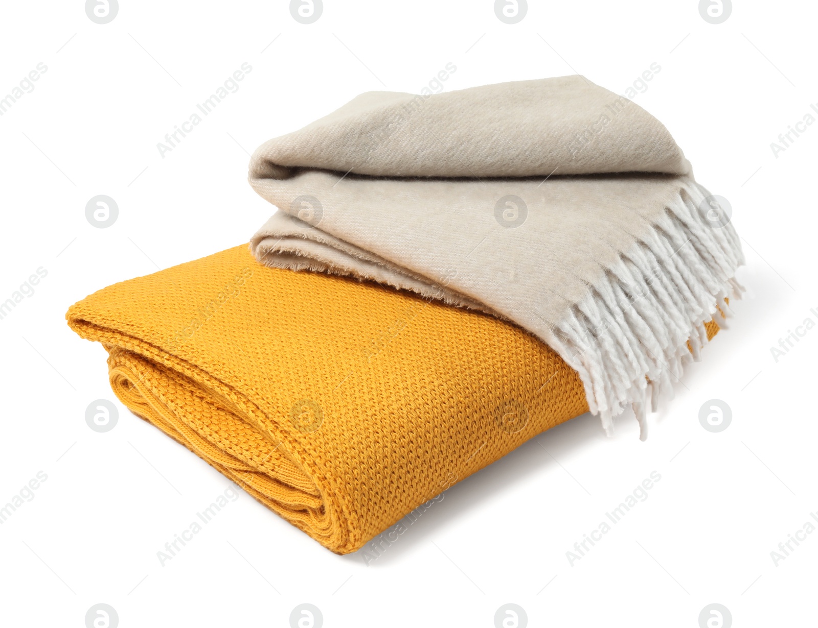 Photo of Two soft warm blankets isolated on white