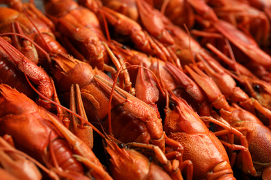 Delicious boiled crayfishes as background, closeup view