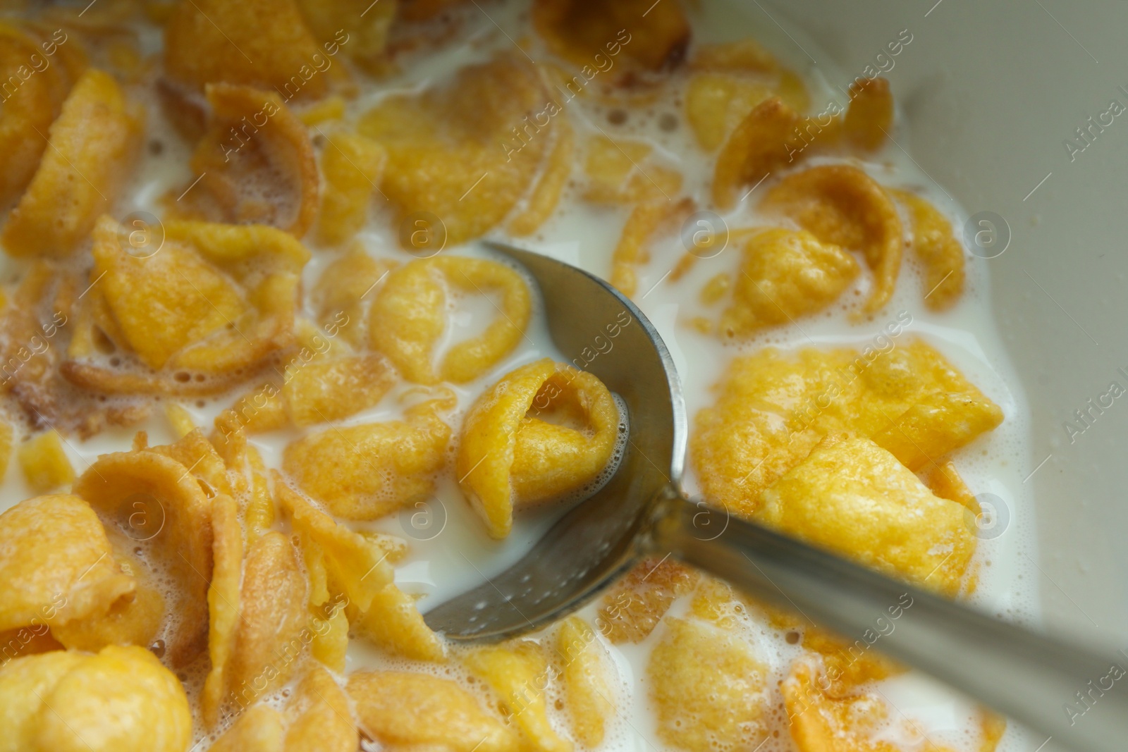 Photo of Plate of delicious crispy cornflakes with milk as background, closeup