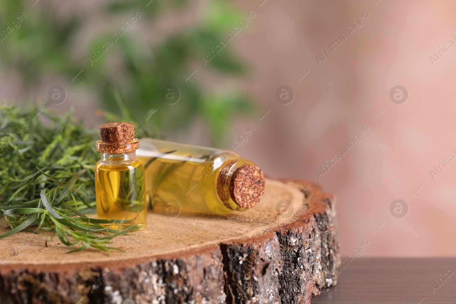 Photo of Bottles of essential oil and fresh tarragon leaves on table. Space for text