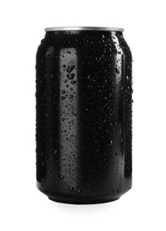 Photo of Black can of energy drink with water drops isolated on white. Mockup for design