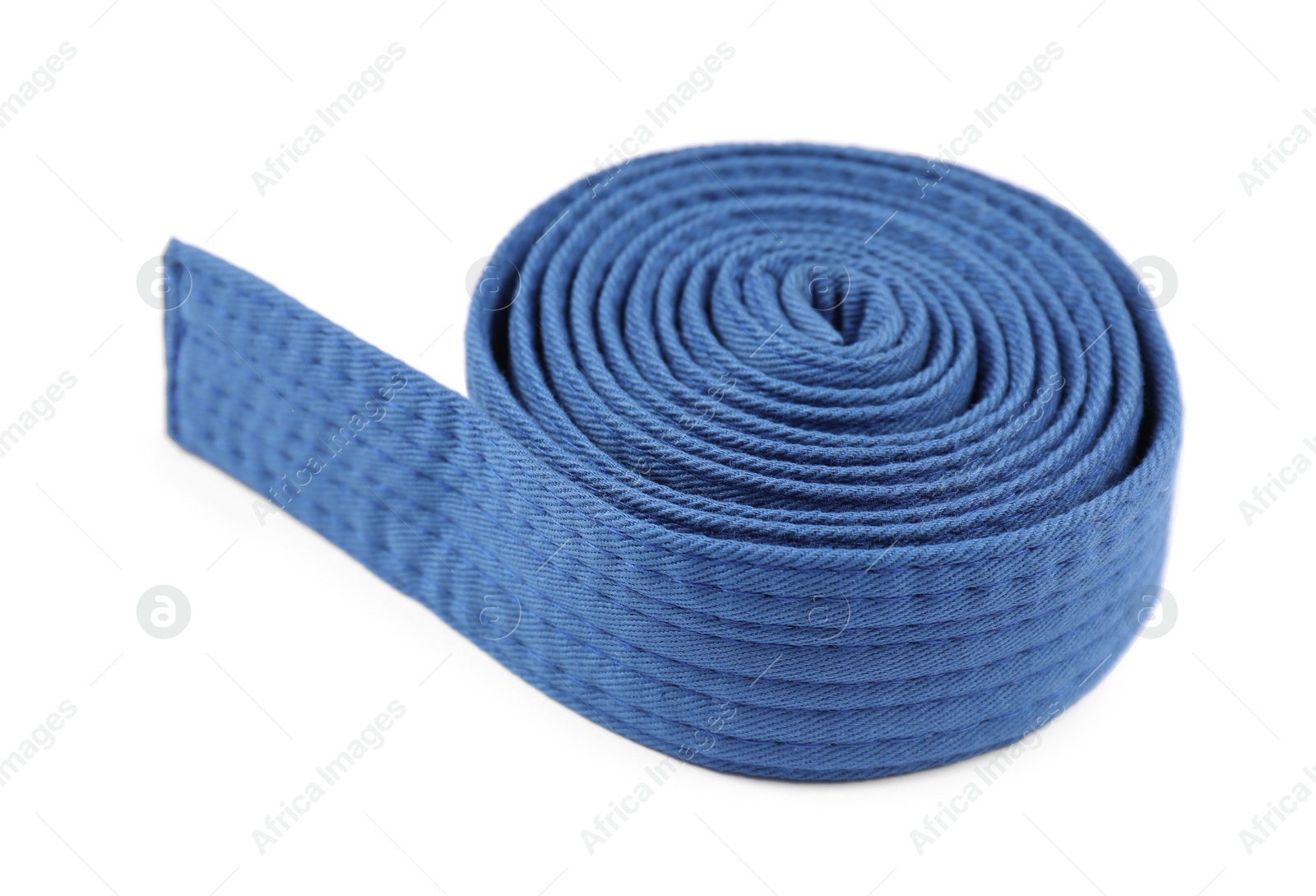 Photo of Blue karate belt isolated on white. Martial arts uniform