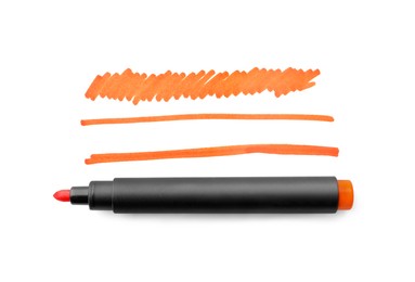 Different stripes drawn with orange marker and highlighter isolated on white, top view