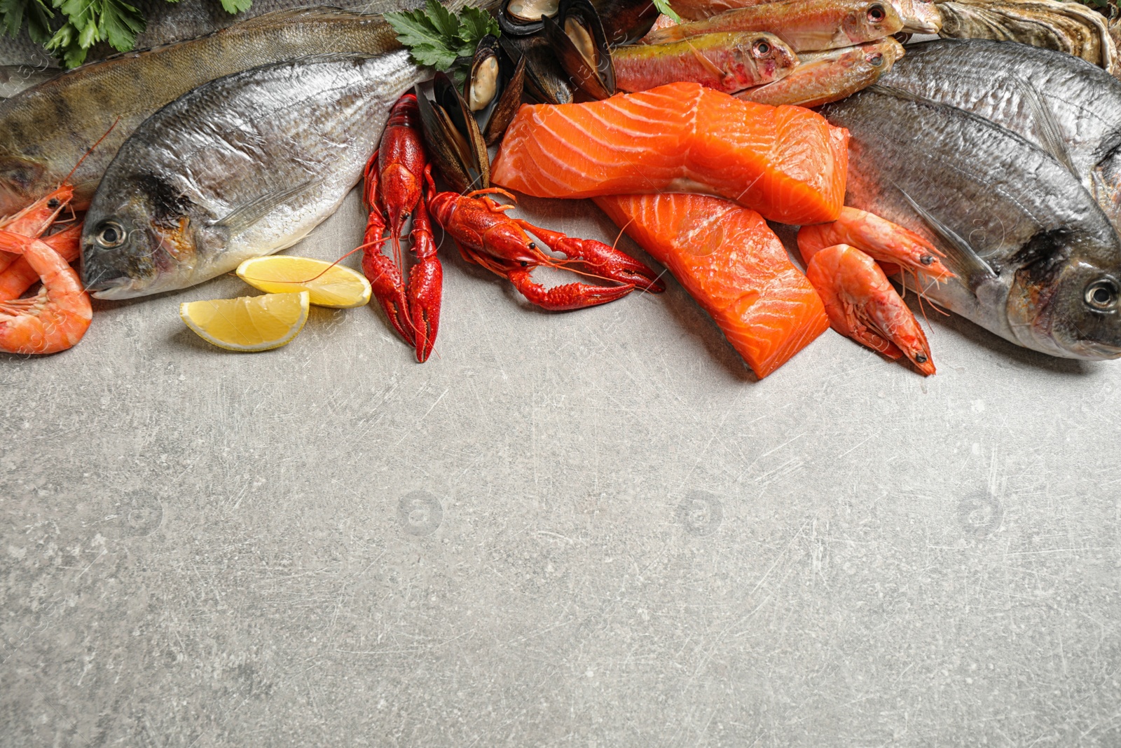 Photo of Fresh raw fish and different seafood on light grey table. Space for text