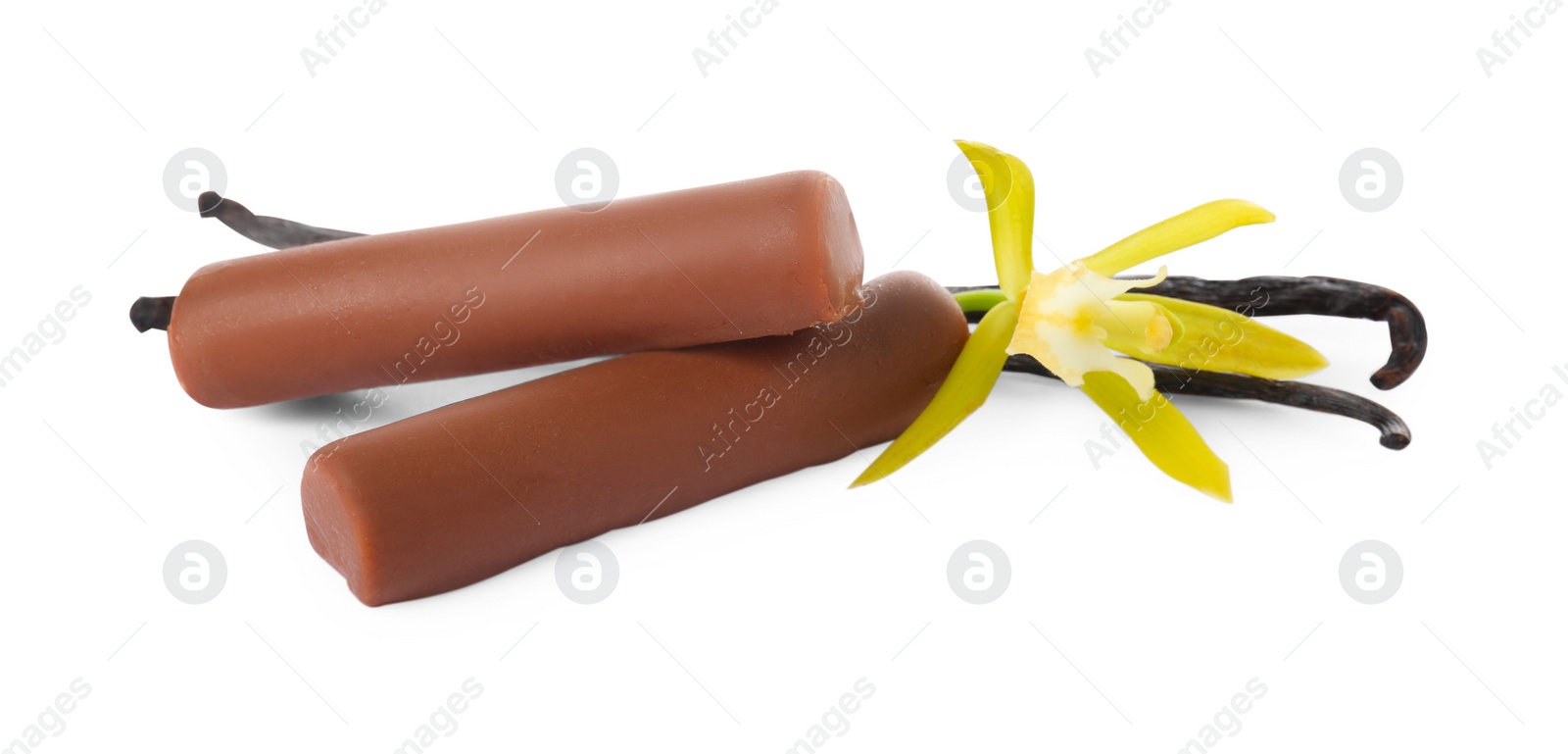 Photo of Glazed curd cheese bars, vanilla pods and flower isolated on white