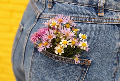 Photo of Woman with beautiful tender flowers in back pocket of jeans near yellow brick wall, closeup