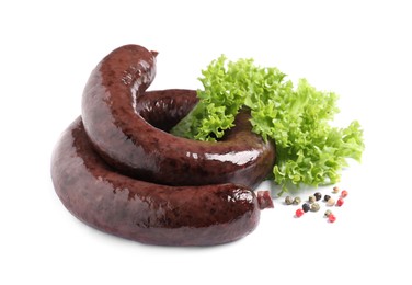 Photo of Tasty blood sausages, lettuce and pepper on white background