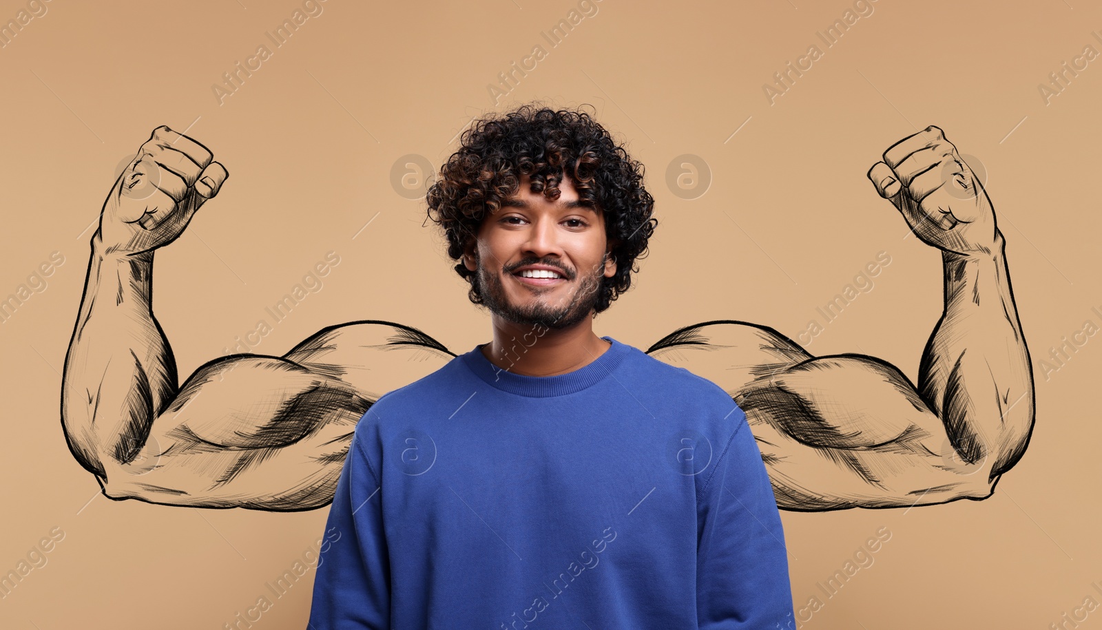 Image of Happy man and illustration of muscular arms behind him on beige background, banner design