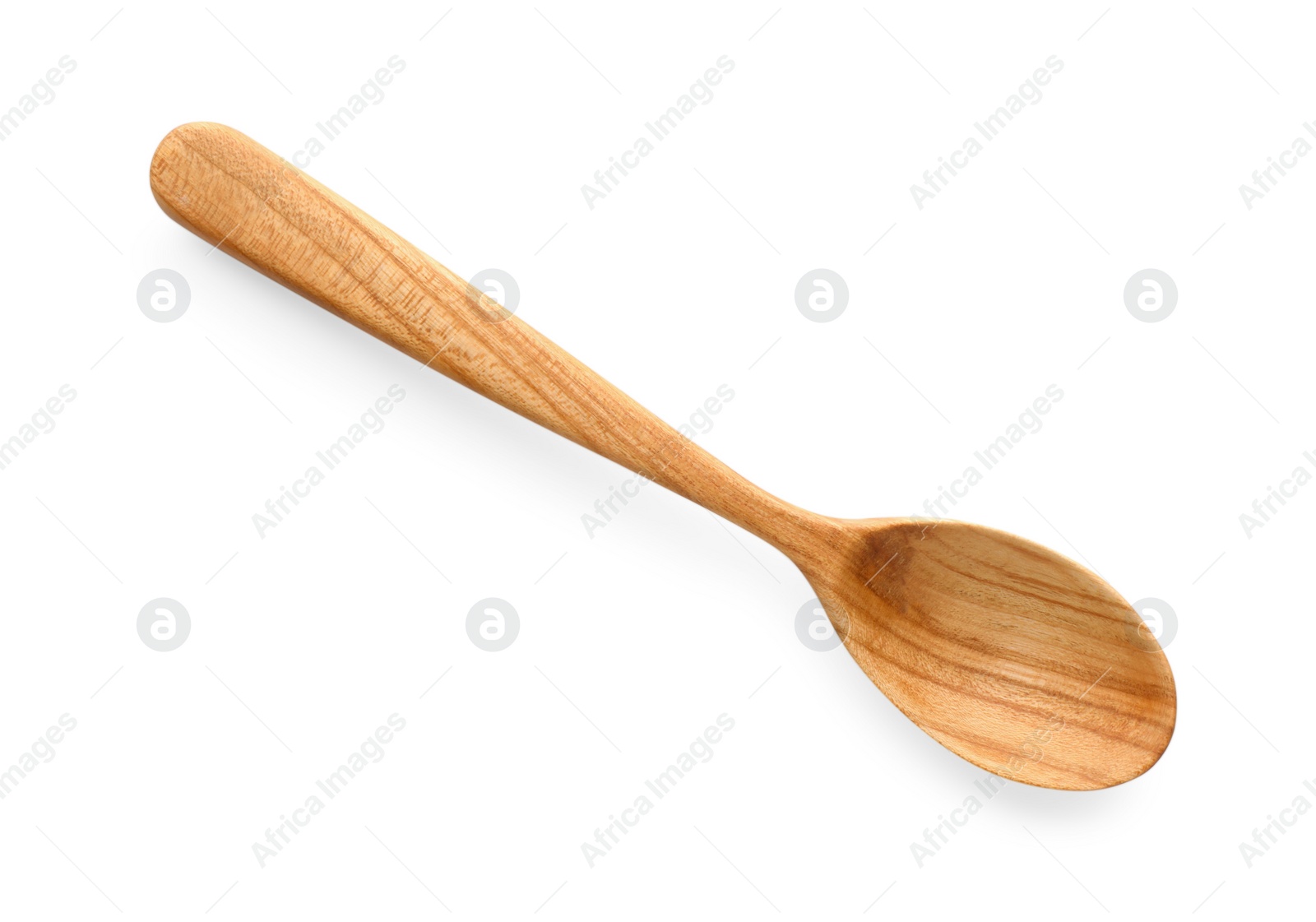 Photo of One empty wooden spoon isolated on white, top view