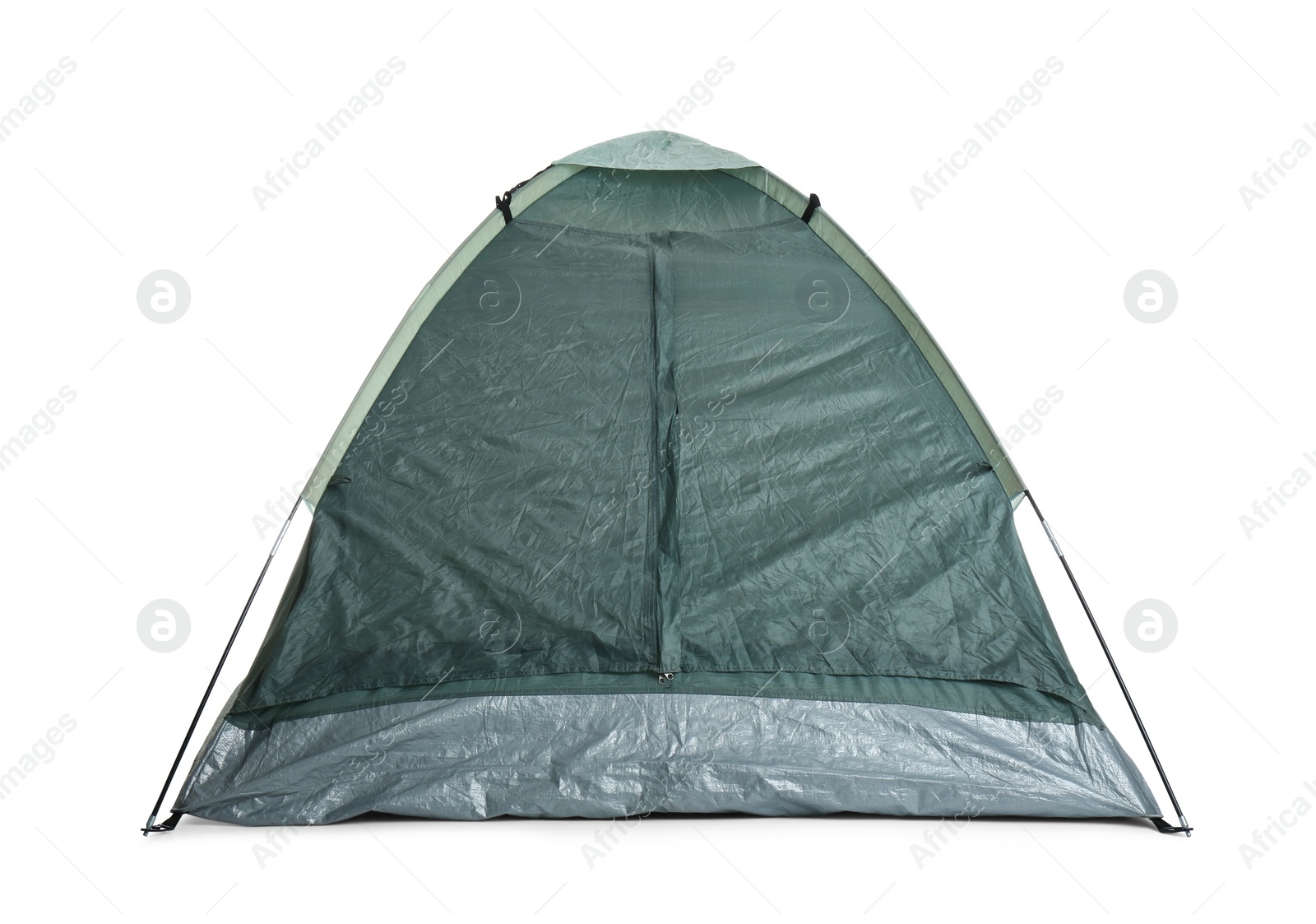 Photo of Comfortable dark green camping tent on white background