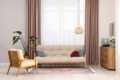 Photo of Beautiful rug, furniture and plant near window indoors