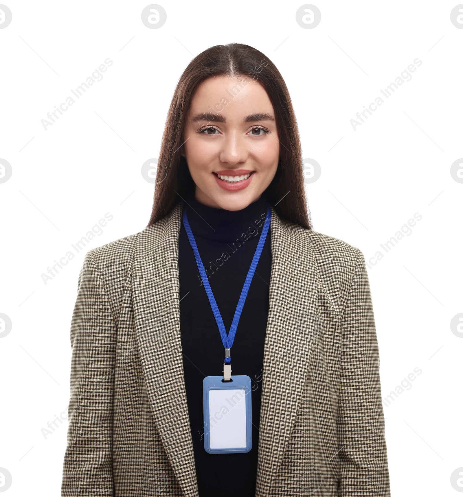 Photo of Happy woman with vip pass badge on white background