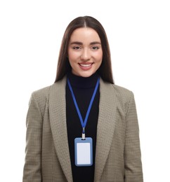 Happy woman with vip pass badge on white background