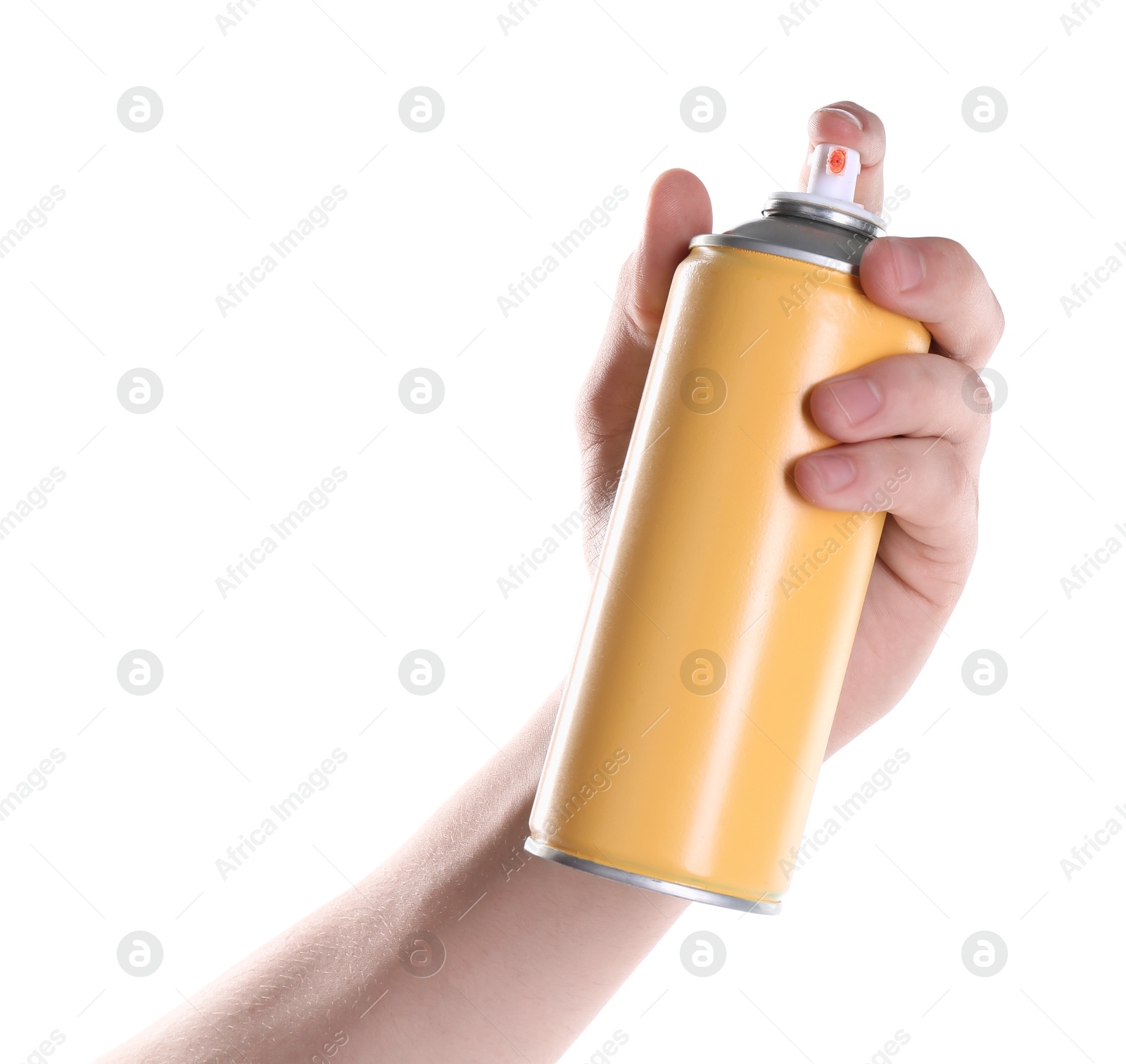 Photo of Man with can of spray paint on white background, closeup