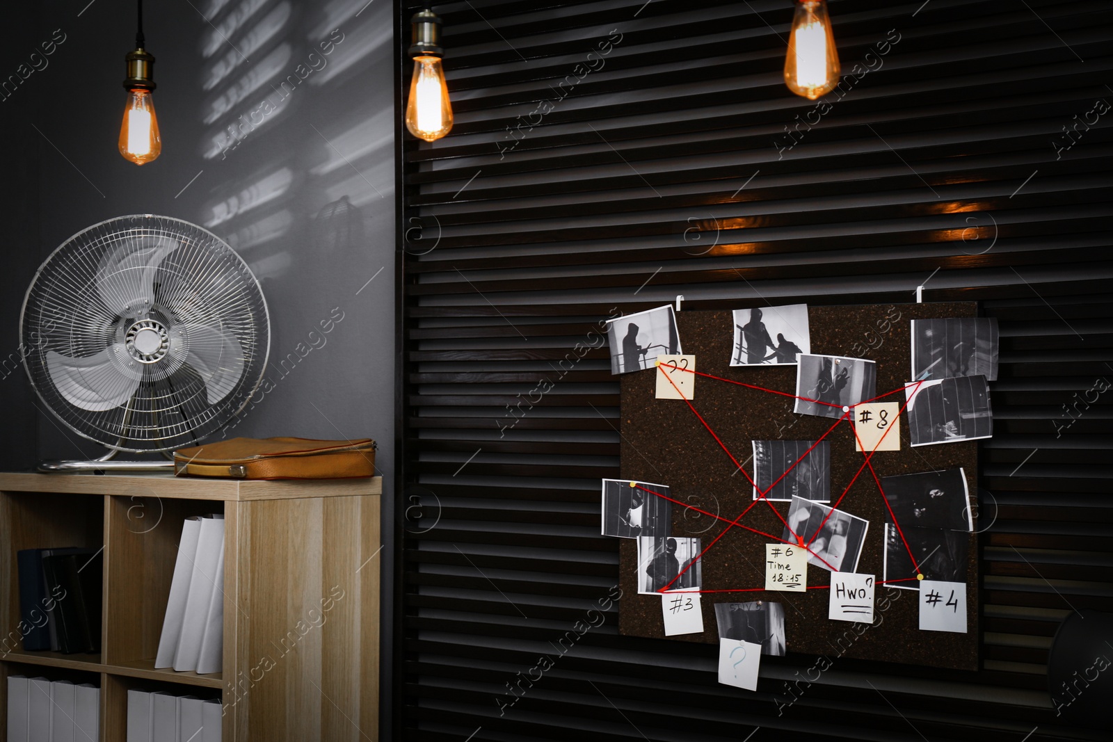 Photo of Detective office interior with evidence board on wall