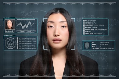 Image of Facial recognition system. Woman with scanner frame and personal data against dark background with world map