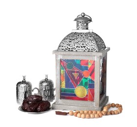 Photo of Decorative Arabic lantern, prayer beads, dates and coffee on white background